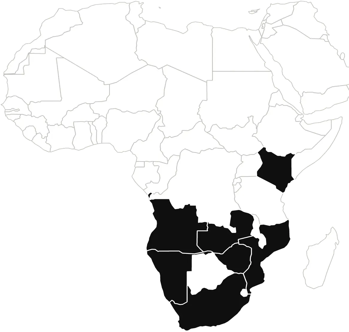 Map of Africa marking Mozambique, Angola, South Africa, Zambia, Zimbabwe, Namibia and Kenya